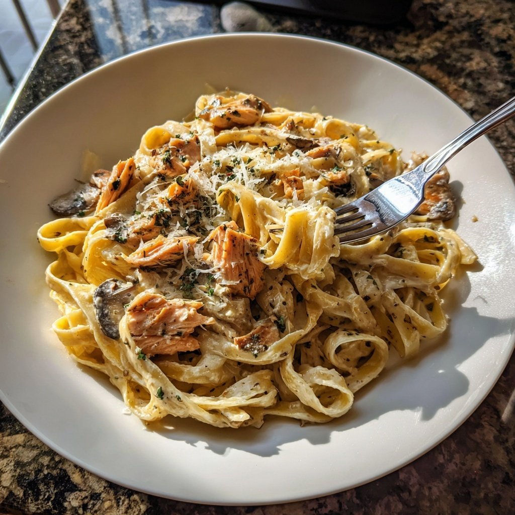 Creamy Mushroom Salmon Tagliatelle