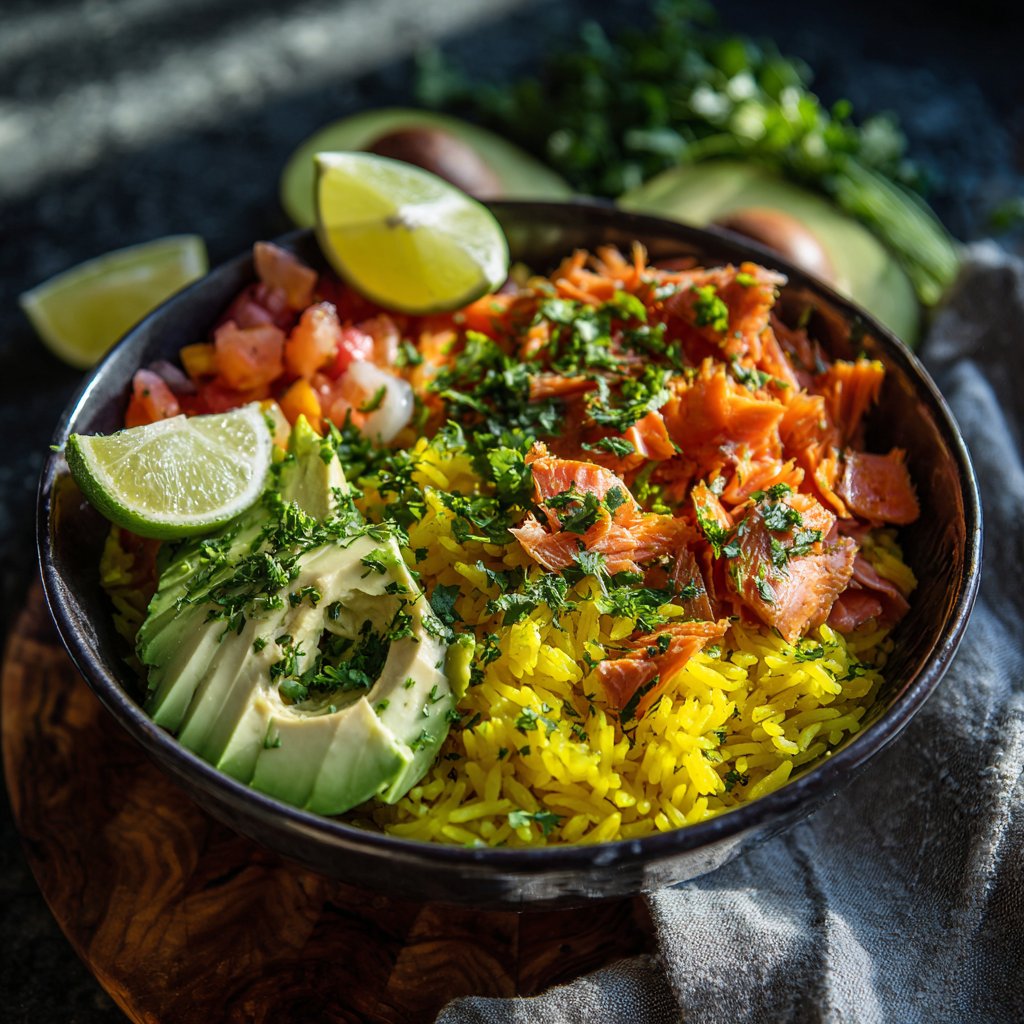 Saffron Lime Salmon Rice Bowl
